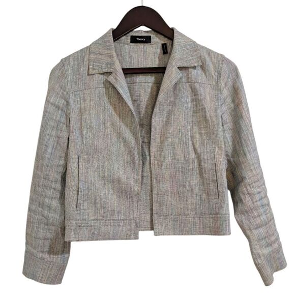 Theory Shrunken Linen Blend Multi-Stripe Cropped Jacket Women's XS Petite - Picture 2 of 8